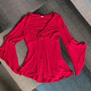 VENUS Red Bell Sleeve Lace-Up Blousemedium